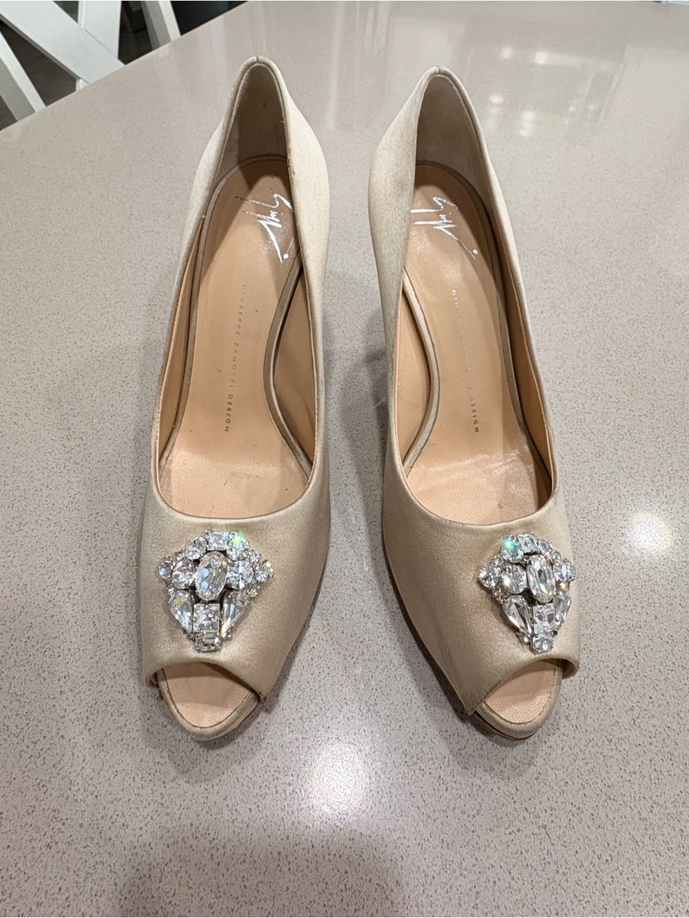 Giuseppe Zanotti beige satin peep toe pumps with Swarovski details
